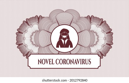 Red passport rosette. Vector Illustration. Detailed with woman wearing face mask icon and Novel Coronavirus text inside