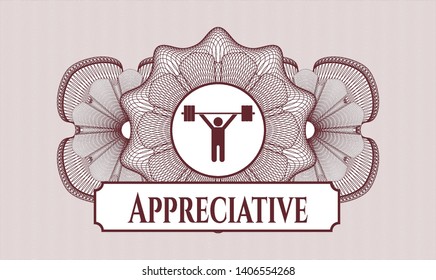 Red passport rosette with weightlifting icon and Appreciative text inside