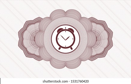 Red passport style rosette with alarm clock icon inside