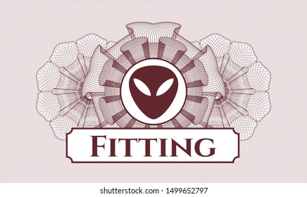 Red passport style rosette with alien icon and Fitting text inside