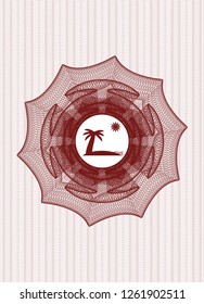 Red passport style rosette with beach icon inside
