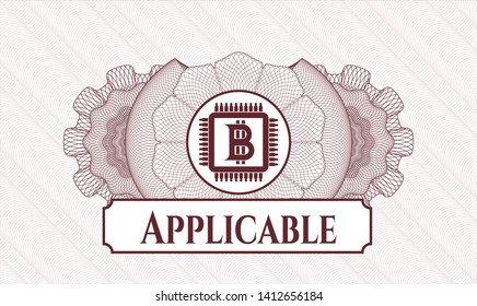 Red passport style rosette with bitcoin chip (cryptocurrency mining concept) icon and Applicable text inside