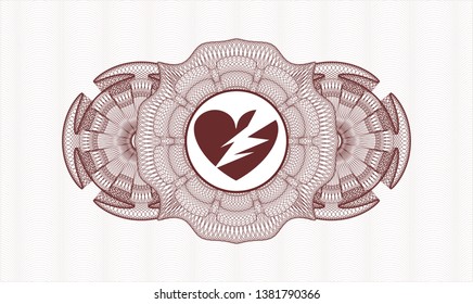 Red passport style rosette with broken heart icon inside