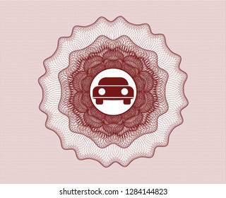 Red passport style rosette with car seen from front icon inside