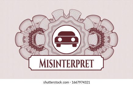 Red passport style rosette with car seen from front icon and Misinterpret text inside