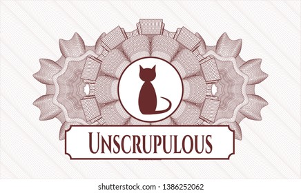 Red passport style rosette with cat icon and Unscrupulous text inside