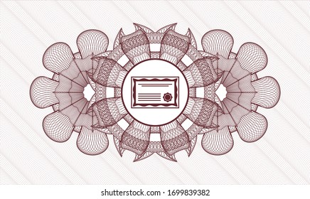 Red passport style rosette with certificate icon inside