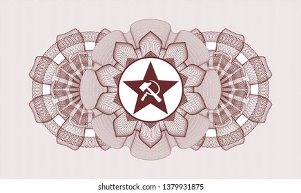 Red passport style rosette with communism icon inside