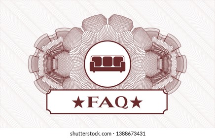 Red passport style rosette with couch icon and FAQ text inside