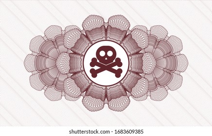Red passport style rosette with crossbones icon inside