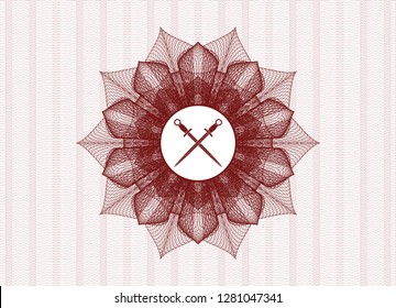 Red passport style rosette with crossed swords icon inside