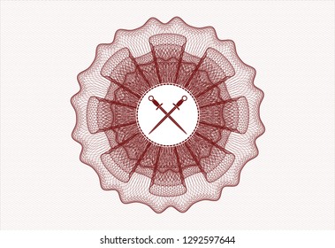 Red passport style rosette with crossed swords icon inside