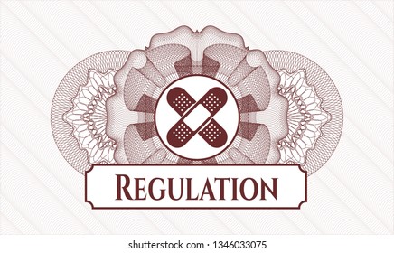 Red passport style rosette with crossed bandage plaster icon and Regulation text inside