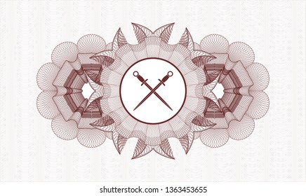 Red passport style rosette with crossed swords icon inside