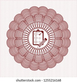 Red passport style rosette with customer feedback icon inside