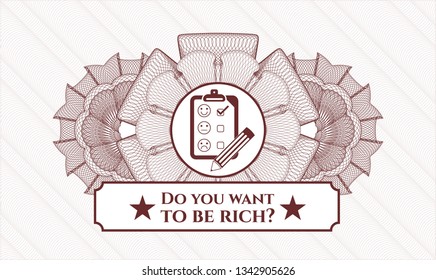 Red passport style rosette with customer feedback icon and Do you want to be rich? text inside