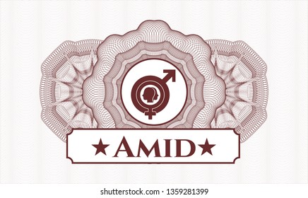 Red passport style rosette with gender dysphoria icon and Amid text inside