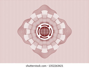 Red passport style rosette with globalization icon inside