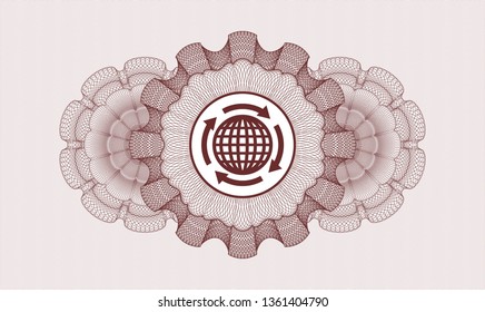 Red passport style rosette with globalization icon inside