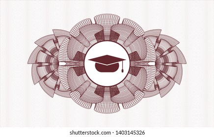 Red passport style rosette with graduation cap icon inside