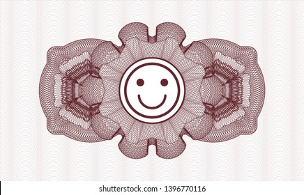 Red passport style rosette with happy face icon inside