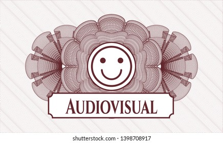 Red passport style rosette with happy face icon and Audiovisual text inside