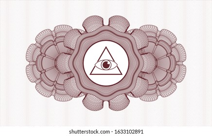Red passport style rosette with illuminati pyramid icon inside