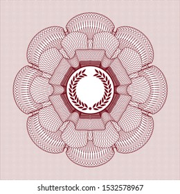 Red passport style rosette with laurel wreath icon inside