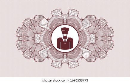Red passport style rosette with man wearing face mask icon inside