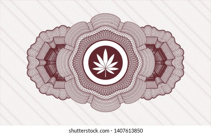 Red passport style rosette with marijuana leaf icon inside