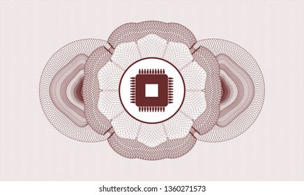 Red passport style rosette with microchip, microprocessor icon inside