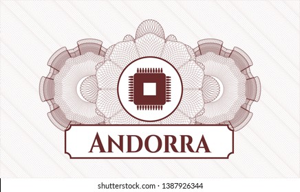 Red passport style rosette with microchip, microprocessor icon and Andorra text inside