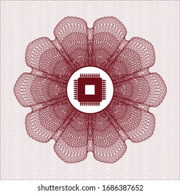 Red passport style rosette with microchip, microprocessor icon inside