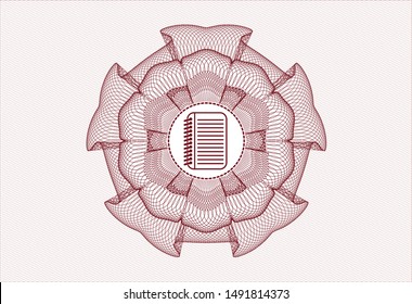 Red passport style rosette with note book icon inside