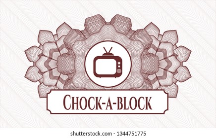 Red passport style rosette with old tv, television icon and Chock-a-block text inside