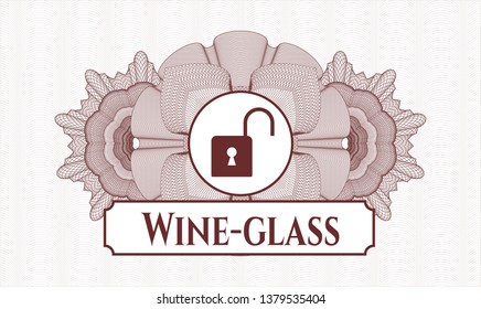Red passport style rosette with open lock icon and Wine-glass text inside