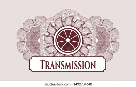 Red passport style rosette with orange icon and Transmission text inside
