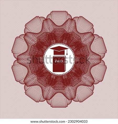 Red passport style rosette. with Phd thesis icon inside