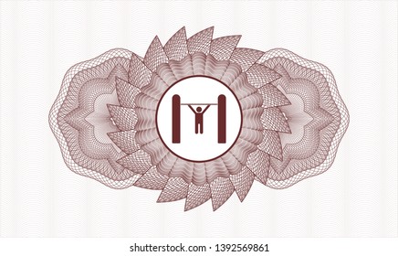 Red passport style rosette with pull up icon inside