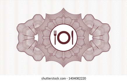 Red passport style rosette with restaurant icon inside