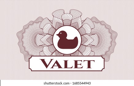 Red passport style rosette with rubber duck icon and Valet text inside