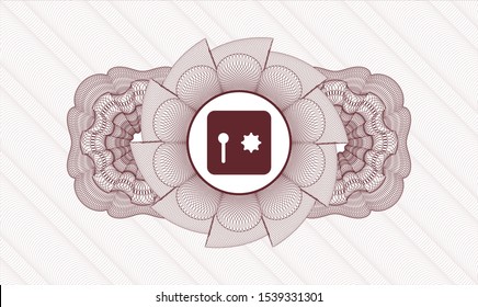 Red passport style rosette with safe, safety deposit box icon inside