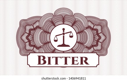 Red passport style rosette with scale icon and Bitter text inside
