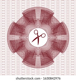 Red passport style rosette with scissors icon inside