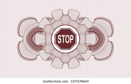 Red passport style rosette with stop icon inside