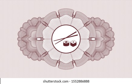 Red passport style rosette with sushi icon inside