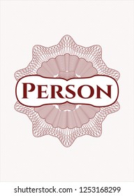 Red passport style rosette with text Person inside