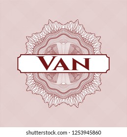Red passport style rosette with text Van inside