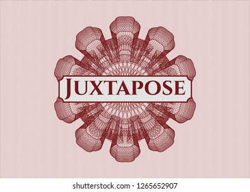Red passport style rosette with text Juxtapose inside