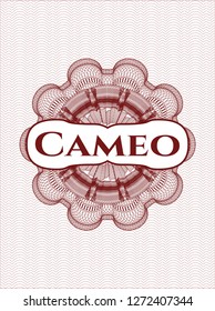 Red passport style rosette with text Cameo inside